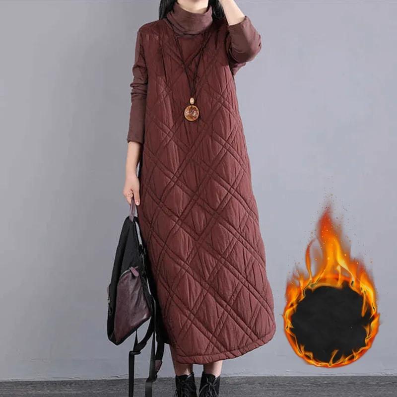 Plus Size Women's Turtleneck Cotton-padded Coat Women's Long Skirt Dress Women's Autumn and Winter Over-the-knee Quilted Thickened Bottoming Skirt