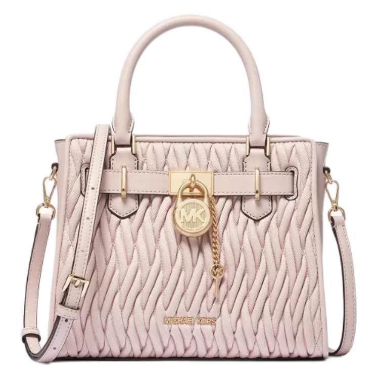 

Michael Kors Hamilton Pleated Quilted Design Round Lock Detail Fabric And Faux Leather Tote Bag Small Women Handbags Light-Pink 35S6GHMS1C-PEACH Basic Set (Bag+Dust Bag)