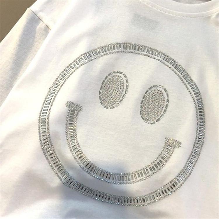 Heavy Industry Smiling Face Iron Diamond Short Sleeve T-shirt for Women Spring and Summer New Loose Pure Cotton Mid-Length Half-Sleeve Top