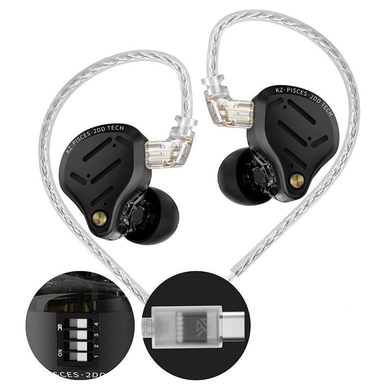 KZ Pisces 2DD Dynamic Drive Earphones Adjustable Earbuds HIFI In Ear Wired Gaming Earphones 2PIN 3.5MM Type-c Plug Cable