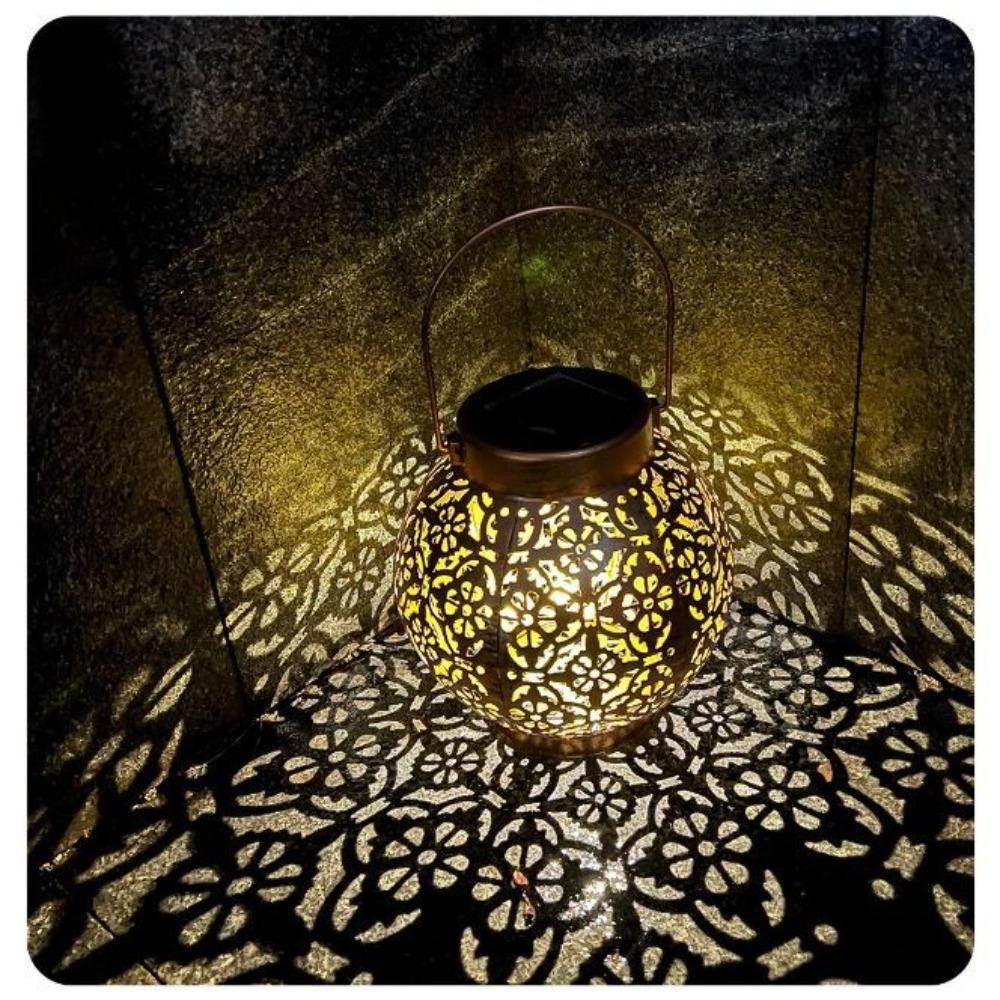 Solar Powered Iron Projection Light Outdoor Garden Hanging Lantern With Hollow Out Design For Patio Fence Decoration