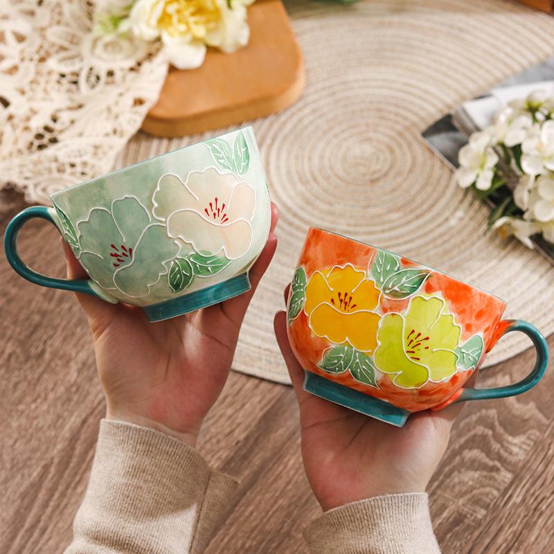 Retro Seto Ware Breakfast Cup: Hand-Painted Embossed Ceramic, Large-Capacity Flower Tea & Milk Oatmeal Cup