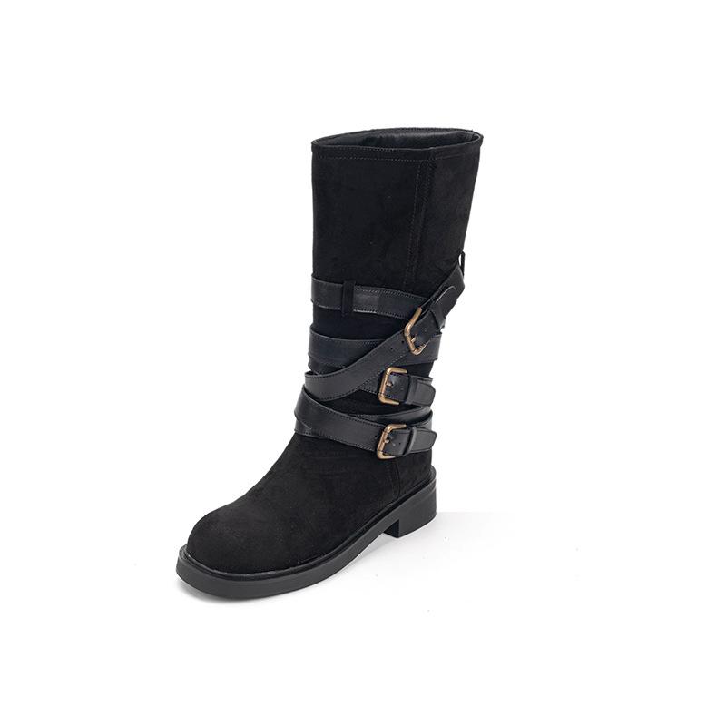 Spot new retro suede belt buckle knight boots women's thick-soled western cowboy boots tall wasteland wind boots women