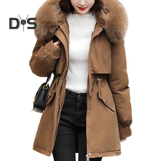 Women Coat Hooded Winter Jacket with Faux Fur Collar Warm Fashionable Zipper Closure Coat for Autumn Winter
