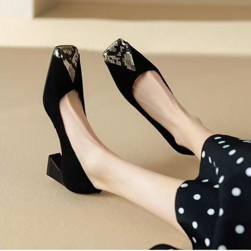 Autumn new celebrity style pointed head thick low heel color matching one pedal light mouth single shoes women's versatile commuter shoes