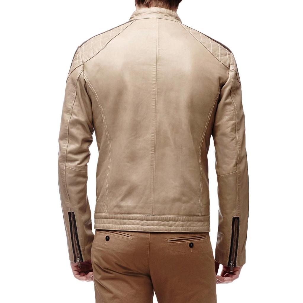 SKINOUTFIT Men's Genuine Lambskin Beige Leather Jacket Stylish Motorcycle Bomber Biker Outerwear MJ 85