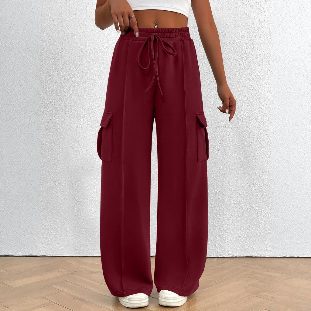Women's Overalls Casual Lightweight Solid Color Trousers Drawstring Multi-Pockets Straight Leg Pants