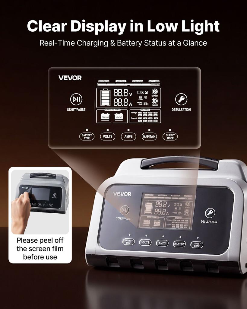 Smart Battery Charger, 30A, 6V 12V 24V LiFePO4 Lead-Acid (Gel/AGM) Lithium Car Battery Charger, with LCD Display, Trickle Charging Maintainer
