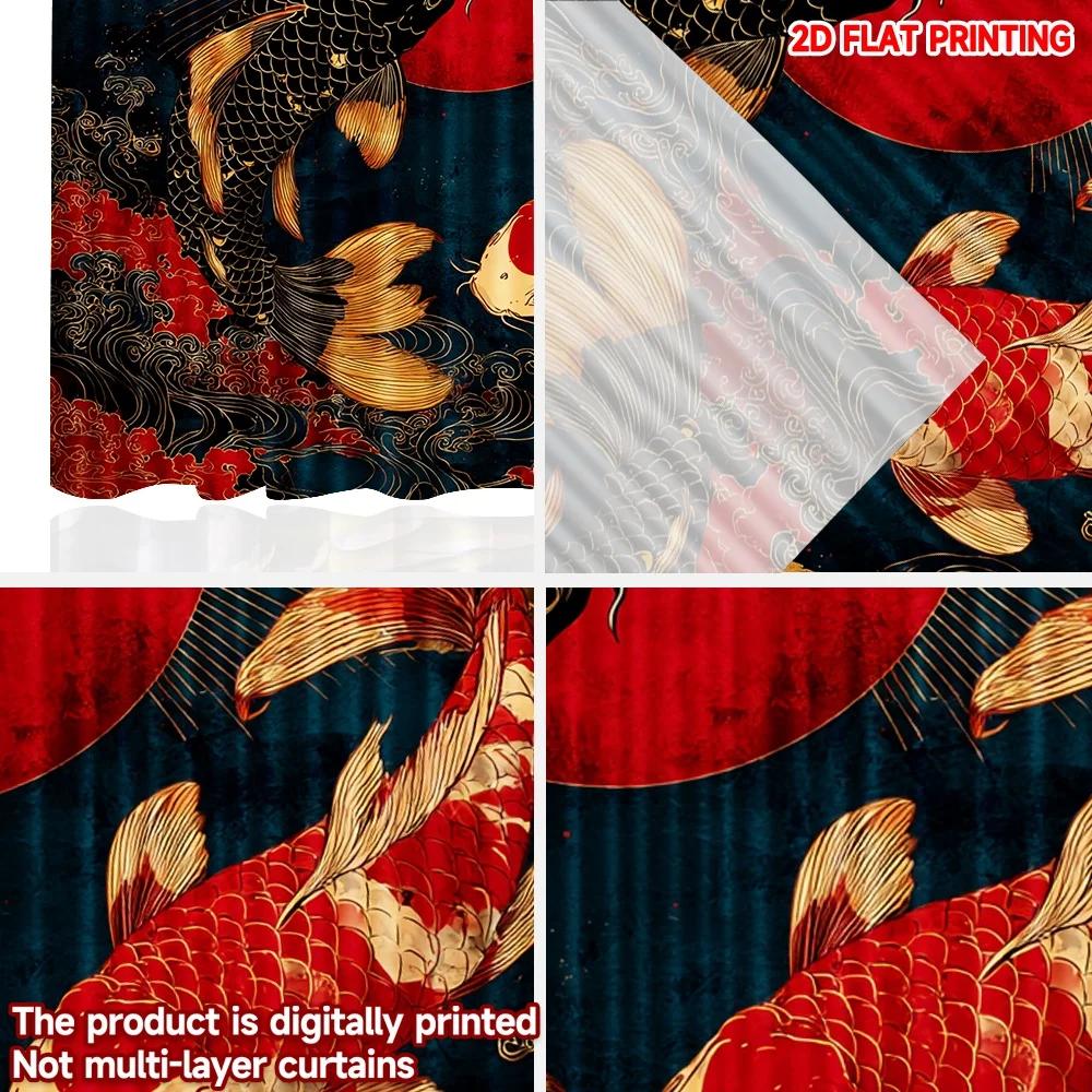 Set Of 2 Koi Fish Curtains Flat Digital Print Japanese Asian Style Red Black Carp Gold Clouds Sun Living Room Curtain Polyester Ideal For Sitting