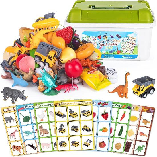 72 PCS Sorting Toy for Toddlers, Preschool Learning Activities, Animals Dinosaurs Fishes Farm Vehicles Fruits Vegetables Foods Playset, Fine Motor