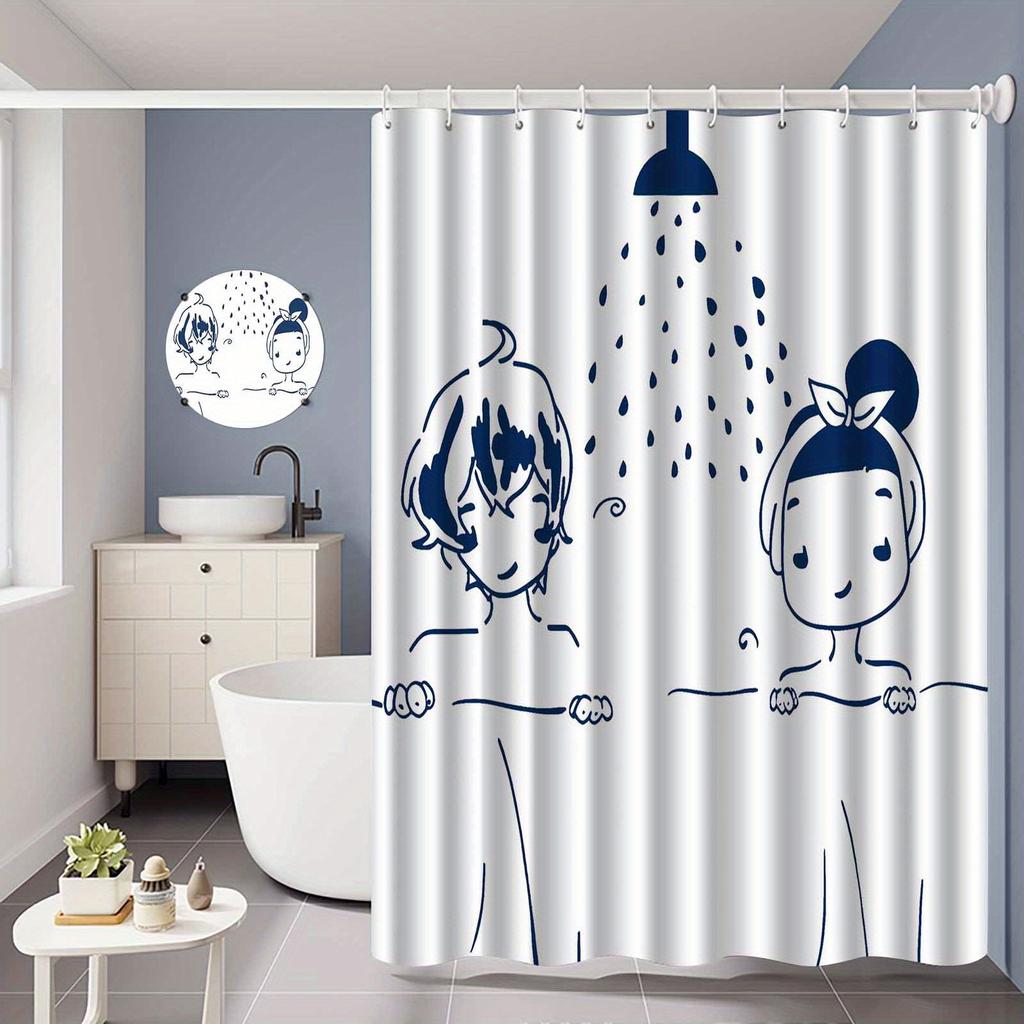 1Pc Elegant Cartoon Hand-Painted Shower Curtain, Made Of Polyester, Bathroom Decoration, Machine Washable, Includes Hooks.