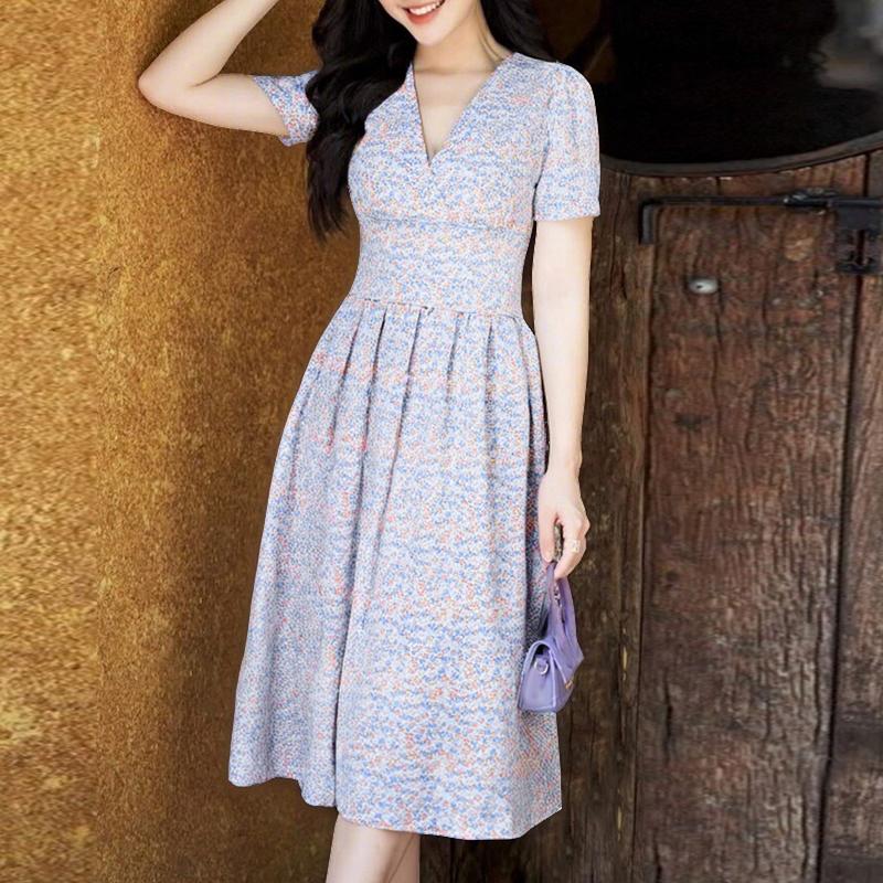 

ZANZEA Женское повседневное летнее платье с короткими рукавами и v-образным вырезом с цветочным принтом S синий