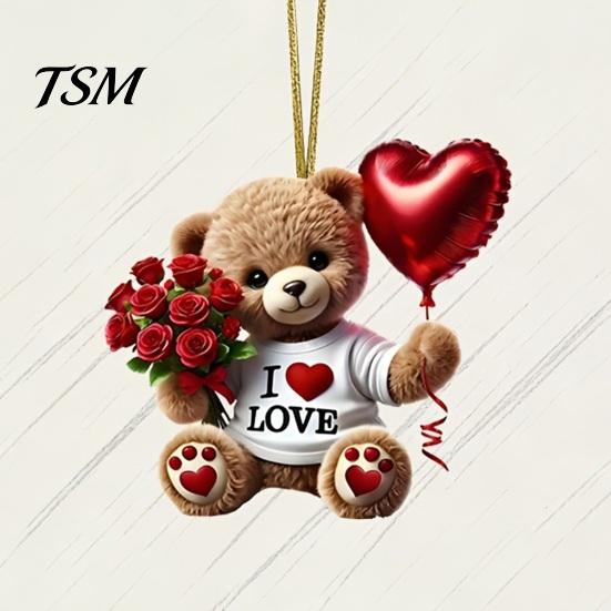 Clear Printed Acrylic Charm Teddy Bear Hanging Ornament, Holding Heart Balloon Red Rose Bouquet Decoration, Cute Backpack Car Rearview Mirror 2D Flat
