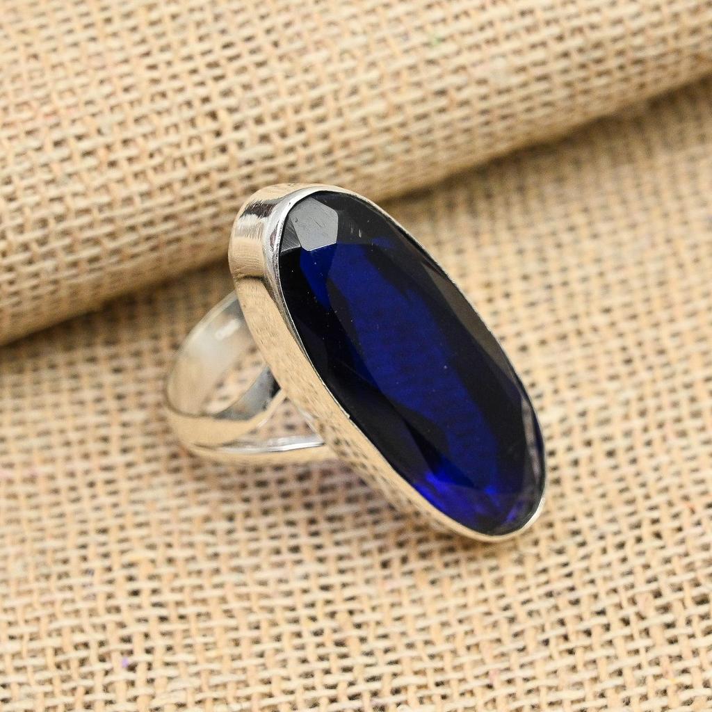 Blue Sapphire Lab-Created Gemstone Handmade 925 Sterling Silver Jewelry Ring For Women
