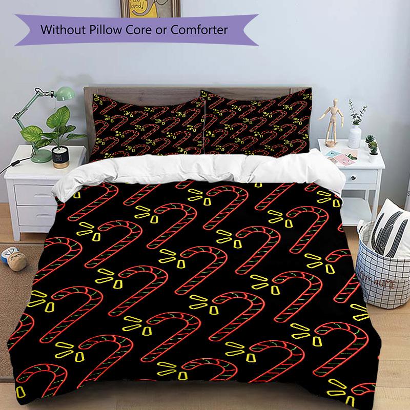 3Pcs Candy Cane Pattern Printed Bedding Set, Breathable And Soft, Machine Washable, Christmas Gift, Suitable for Bedroom Decoration, 15142