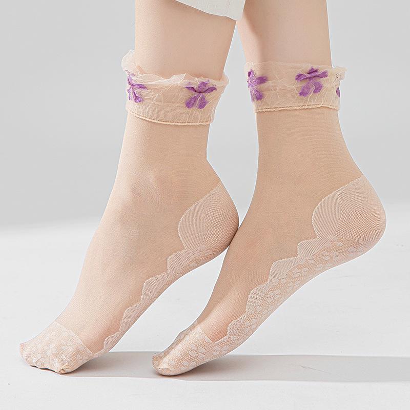 10 Pairs of Women's Summer Thin Floral Lace Cotton Bottom Loose Mouth Breathable Non Slip Socks