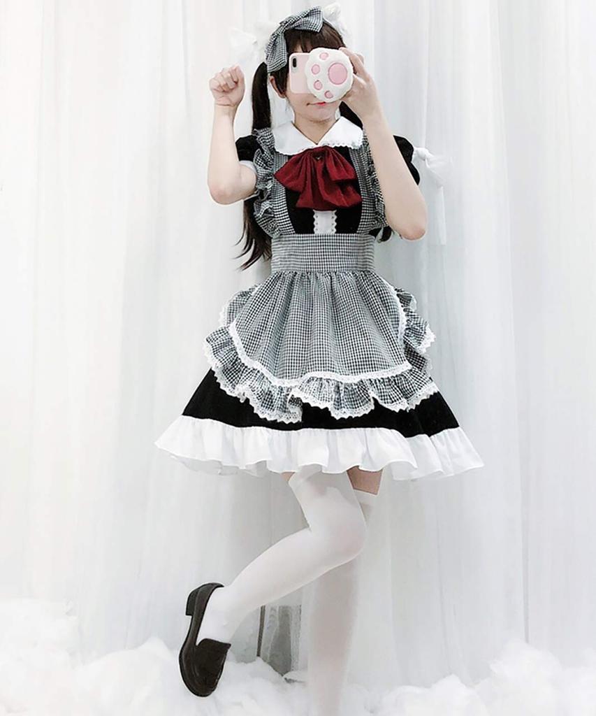 Milky Time Dámske Lolita Služobné Šaty s Mašľou, Volánmi, Zástrou a Kockovaným Vzorom, Cosplay Kostým (Veľkosť L)