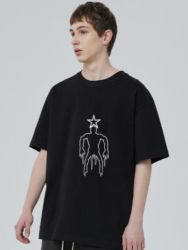 Black T Shirt With Star Head Human Outline Print Casual Streetwear For Men And Women