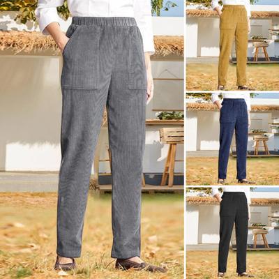 Women's Fall and Winter Solid Color Elastic Waist Corduroy Straight Casual Pants