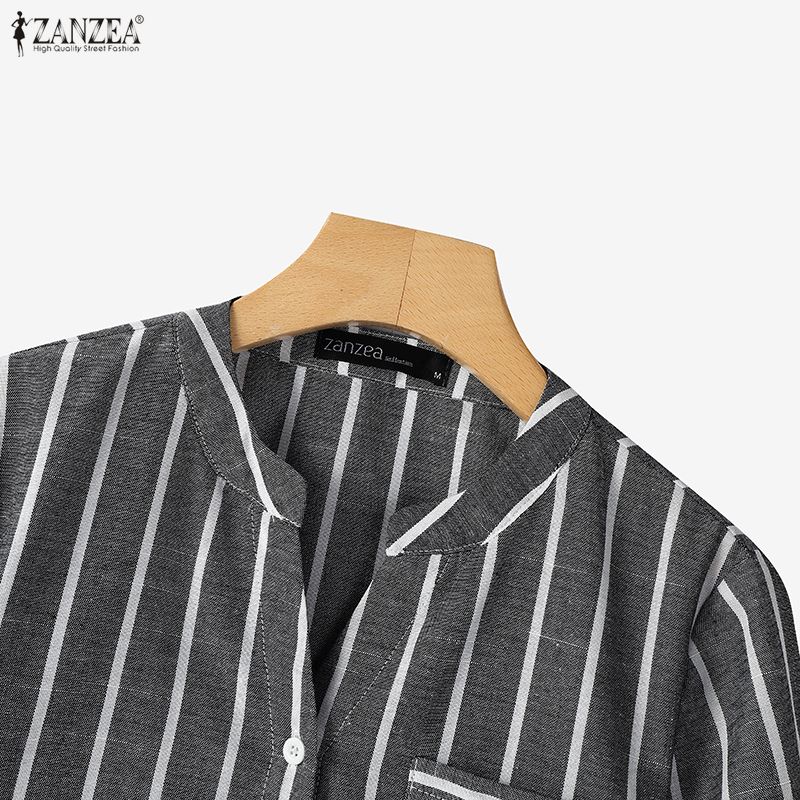 ZANZEA Women Casual V-Neck Short Sleeve Loose Stripe Blouse