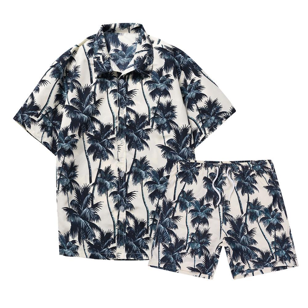 Hawaiian Coconut Tree 3D Printed Men's Short Sleeved Shirt Set, Large Informal Beach Shorts, Streetwear Fashion Set