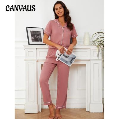 Pajamas Women's Spring and Autumn Solid Colour Short Sleeve Long Pants Homewear Two Piece Set