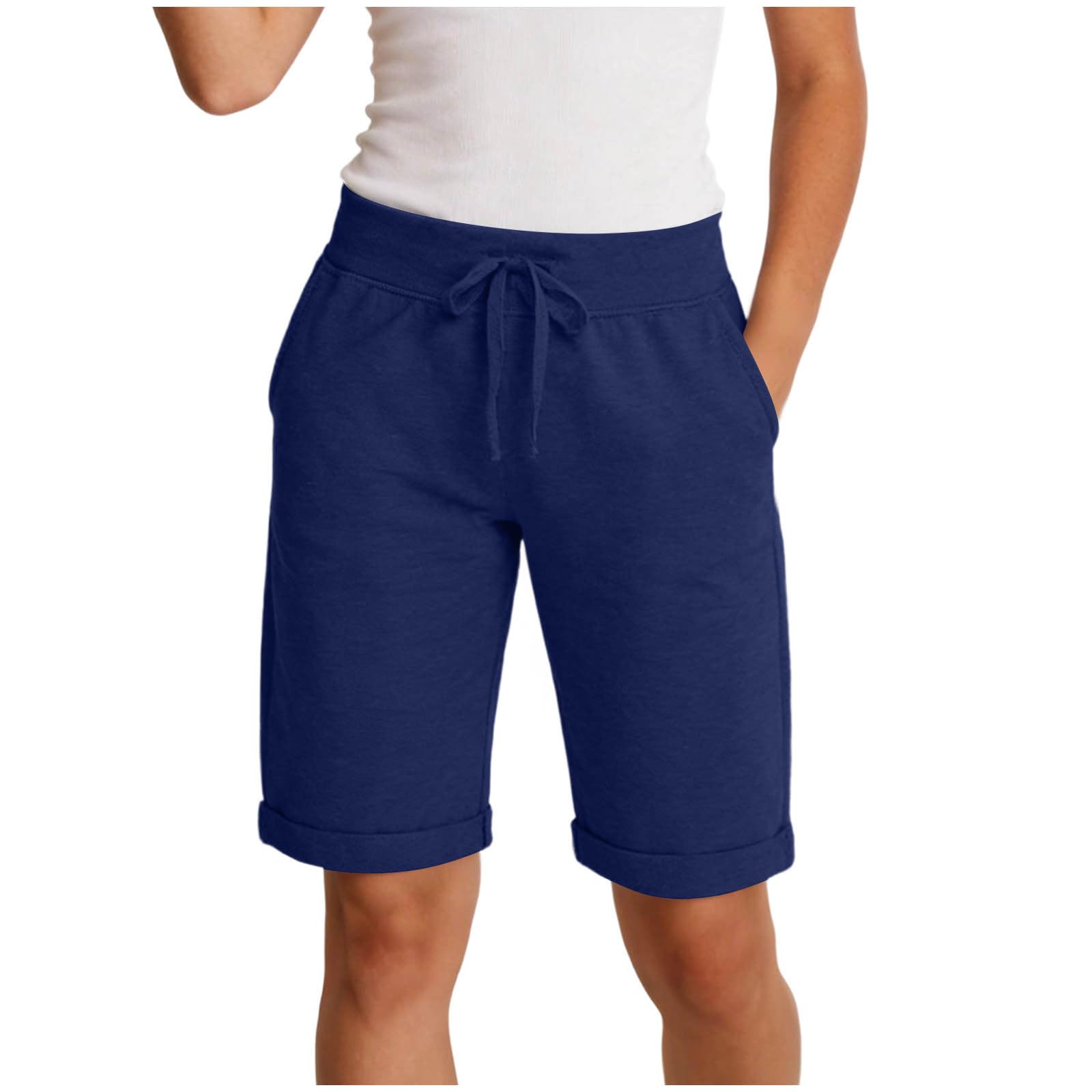 

Women’s Drawstring Waist Bermuda Shorts with Pockets Casual Loose Fit Rolled Hem Knee Length Soft Knit Fabric L Темно-синій