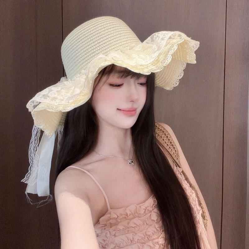 French Lace Lily Bow Straw Hat Women's Summer Big Brim Sun Hat Seaside Beach Vacation Sun Hat