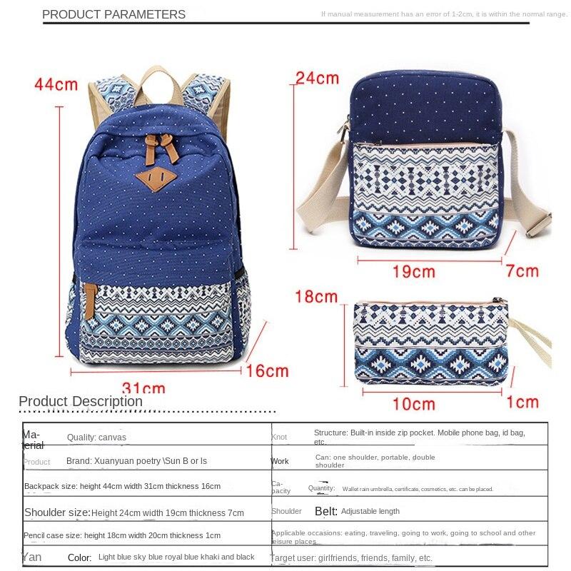 SUNBORLS Canvas Backpack Women's Bag Women's Ethnic Style Backpack Casual Student Schoolbag Diagonal Bag Pen Bag Three-piece Set