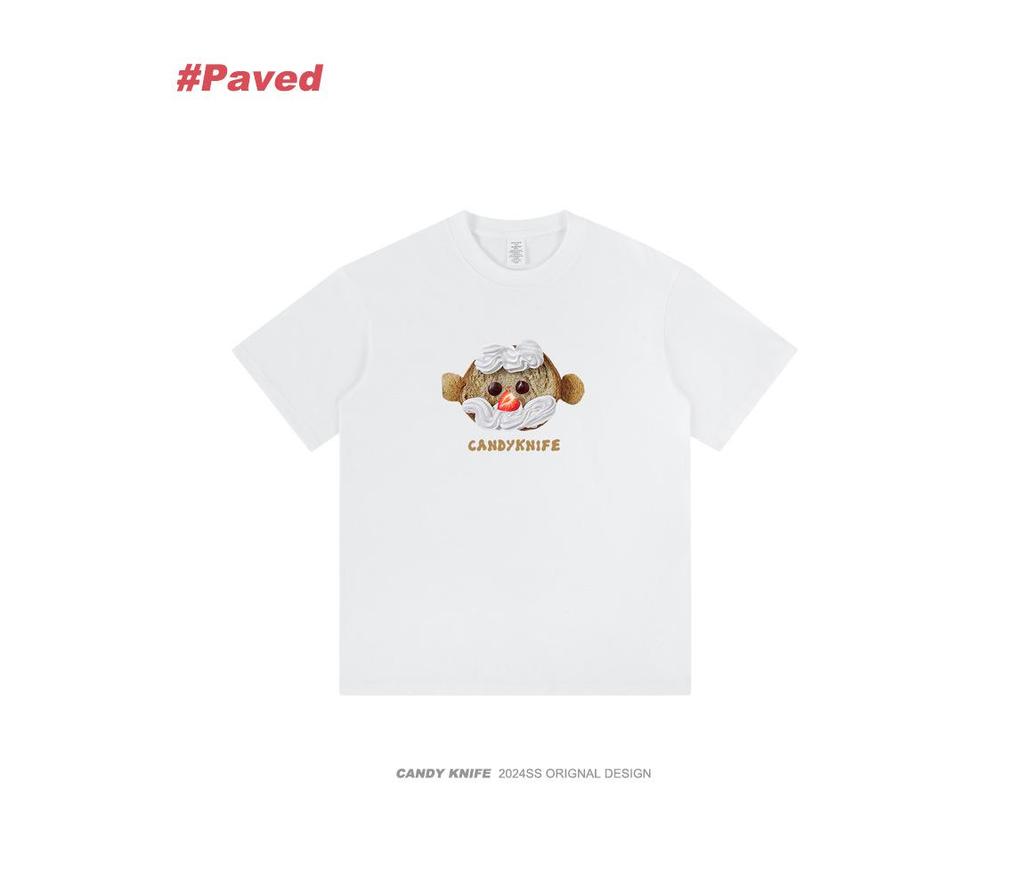 American Niche Design Fun Bread Print Pure Cotton Casual Loose Short-Sleeved T-Shirt for Men and Women, Summer 2024 Collection