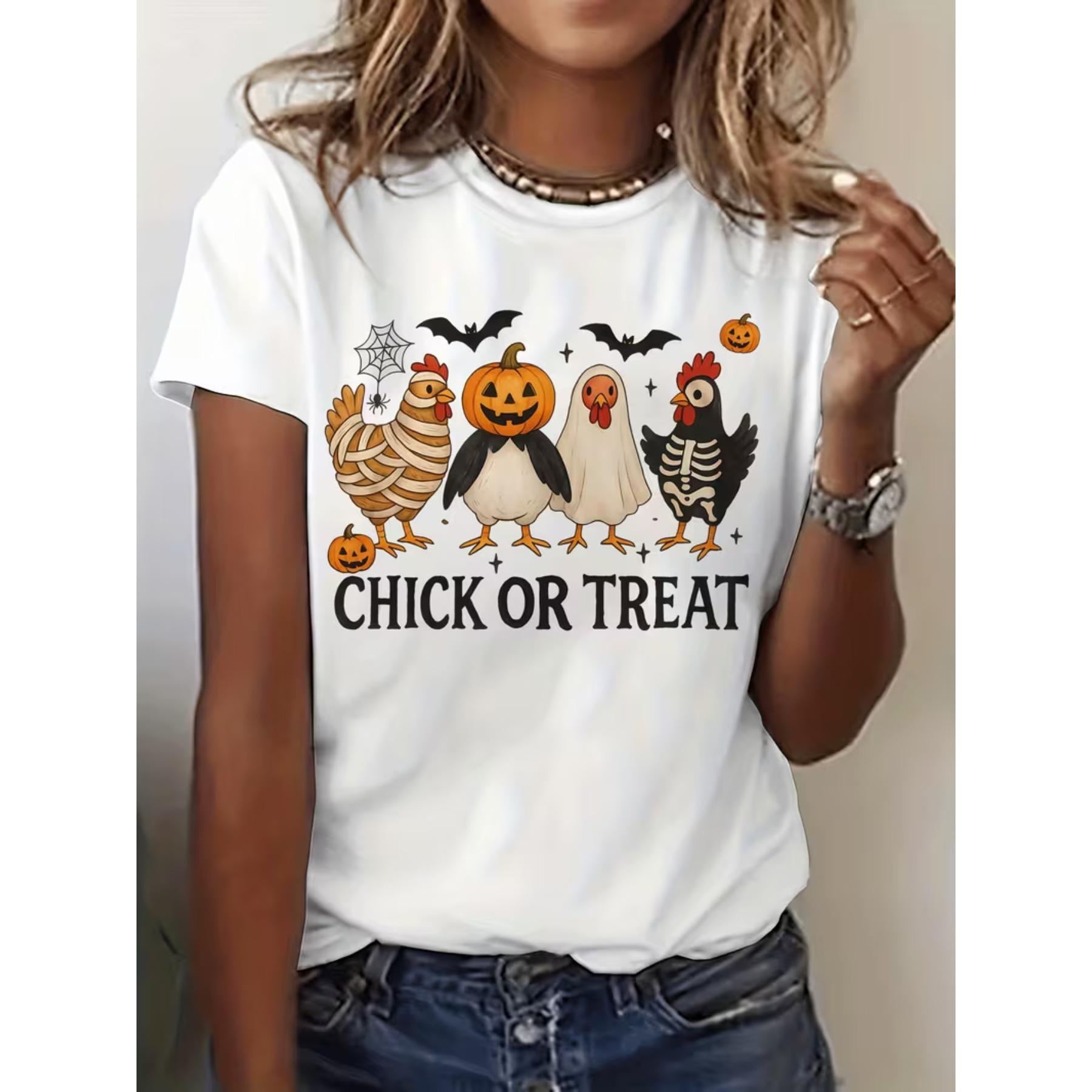Chick or Treat Chicken Halloween Funny Graphic Print T-shirt, Short Sleeve Crew Neck Casual Top for Summer & Spring, Women s Clothing S белый