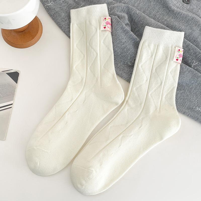 White Socks for Girls, Pile Socks for Spring, Versatile, Followed By Cloth Label Trendy School Windbreaker Socks for Girls