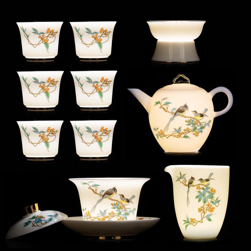 High-End Gold Inlaid Jade White Porcelain Kung Fu Tea Set