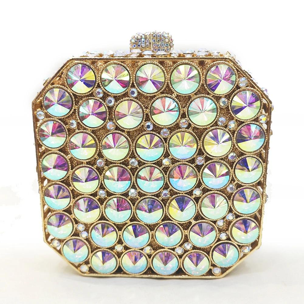 Green Rhinestone Evening Bag Pink/White Clear Gold Square Hard Metal Wedding Bridal Party Crystal Hanbag Minaudiere Purse