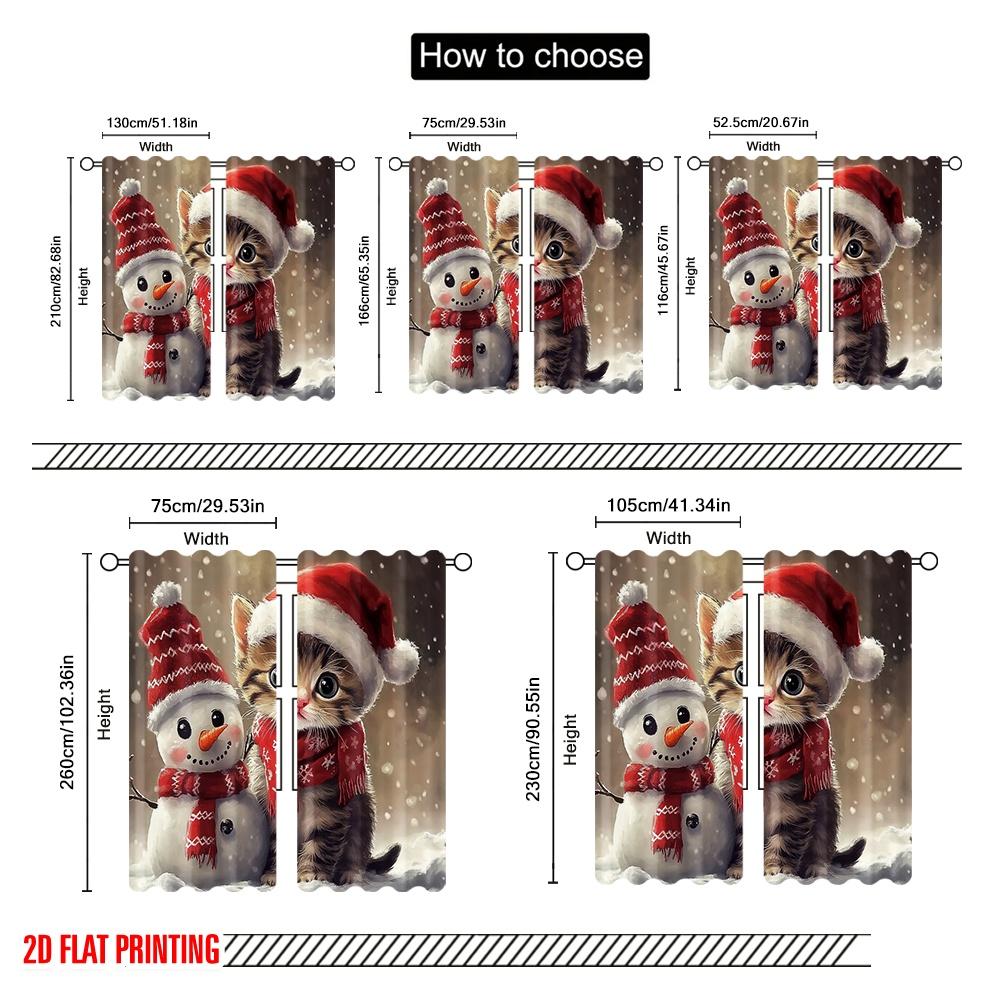 2pcs,2D Plane Printing Light Filtering Curtains Cute Kitten Snowman Christmas Holiday (3) Versatile Fabric (without Rod) Gifts