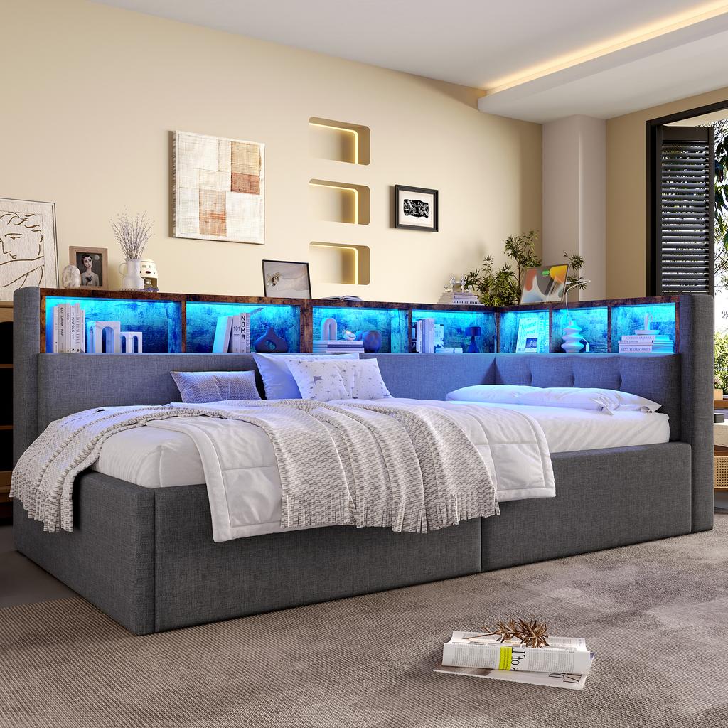 Daybed, Sofa Bed, 90 × 200 Cm, USB + Type-C Ports, Hydraulic Storage, Storage Compartments, Multicolor LED Strip Lighting, No Mattress, Linen, Gray