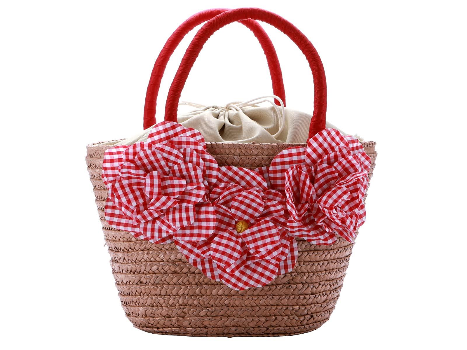 

Kimonoya Sarasa: Drawstring Basket Bag with Floral Decoration, perfect for yukata and summer wear (kk-137, Red)