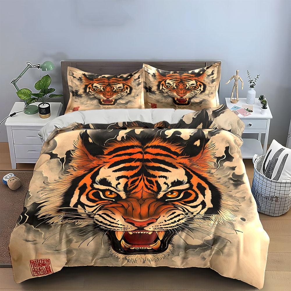Set de Decoración Artística de Tigre - Exhibición en el Hogar Suave Cómodo Juego de Funda Nórdica Incluye 1*Funda Nórdica y 2*Fundas de Almohada, Regalo