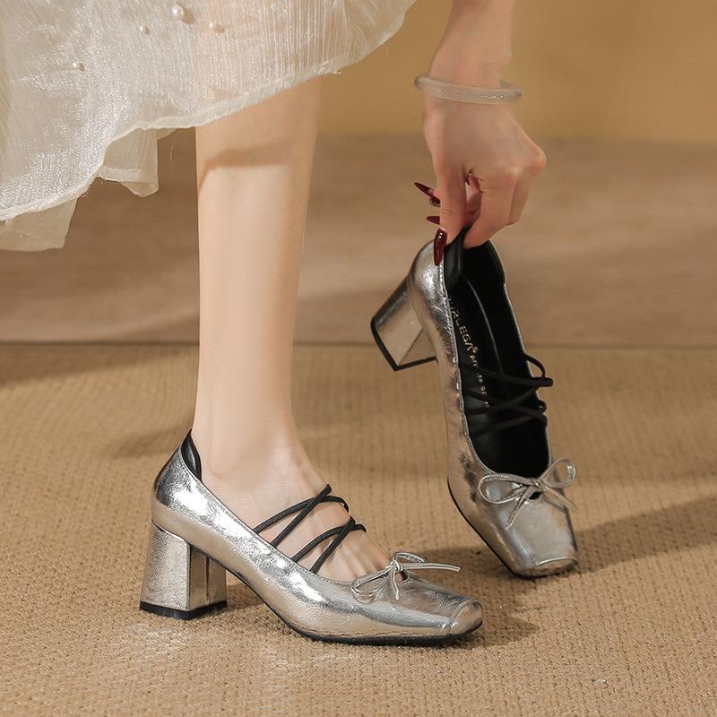 Vintage Leather Square Heel Mary Jane Shoes High Heel Fairy Ballet Shoes Cross Strap Silver Single Shoes