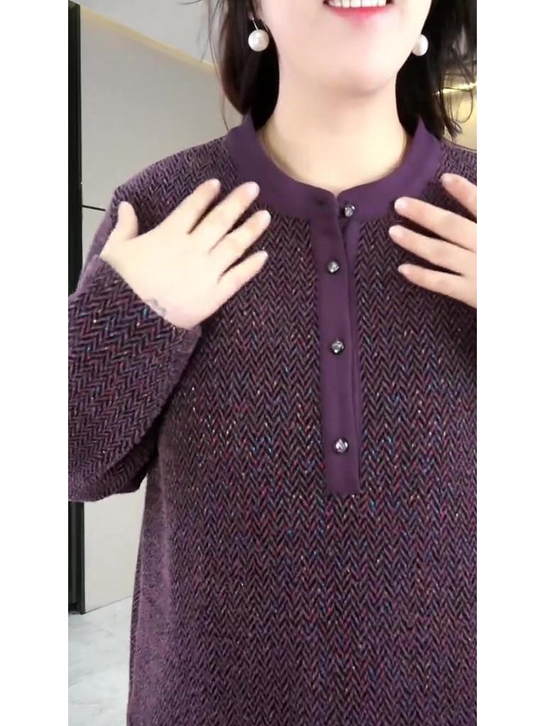 Spring Plus Velvet Tweed Slimming Loose Fit T-Shirt for Middle-Aged Moms