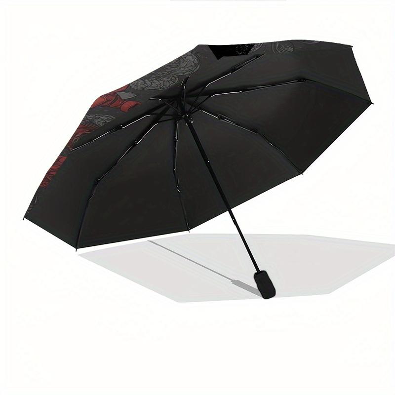 Skull Roses Automatic Folding Umbrella  8 Ribs, Durable Iron Frame, Bright Color Pattern Compact Travel Umbrella, Suitable for Outdoor, Beac