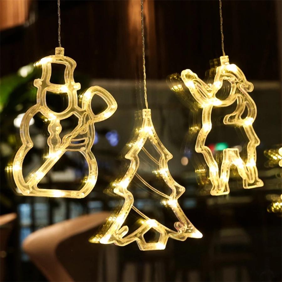 LED Christmas Lights with Suction Cups for Windows Hanging Christmas Lights with Bells Santa Claus Snowflakes for Home Shop Holiday Decor Year 2022