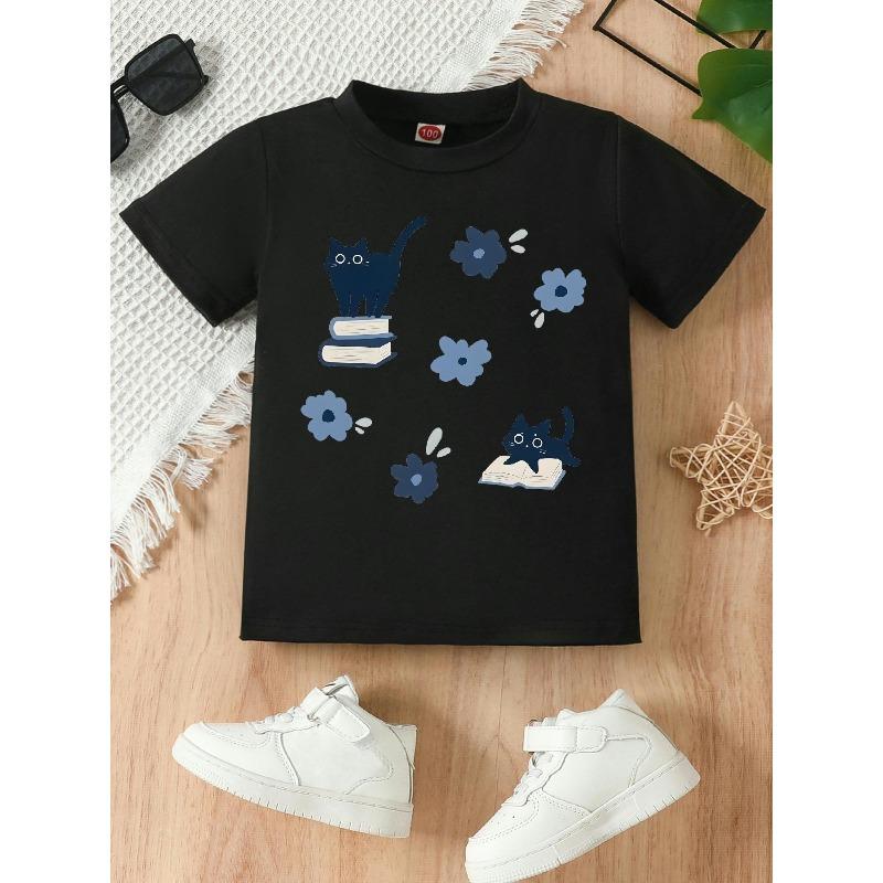 

European sizes Adorable Black Kitten Design Paired with a Blue Floral Print on a Girls T-Shirt, Stylish And Chic, Featuring a Round Neckline 98cm чёрный
