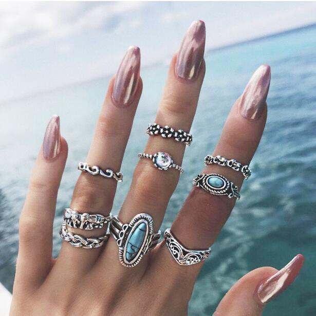 Ethnic style vintage turquoise carved feather ring fashion personality 8-piece combination ring set