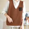 Women's Original Artistic Knitted Vest Appliqué Paneled Solid Color Cotton Thread Hollow-Out Sleeveless Pullover V-Neck Vest
