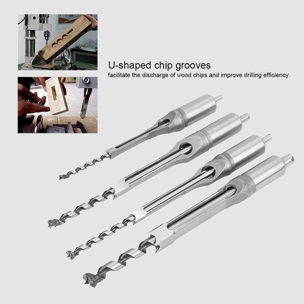4pcs 6.4/8/9.5/12.7mm Square Hole Drill Bits Square Hole Mortising Chisel Woodworking