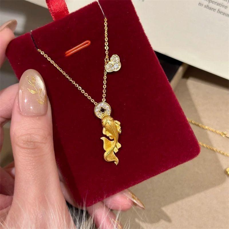 New Chinese High-end Golden Fringed Necklace Female Retro Coin Gourd Exquisite Collarbone Chain Light Luxury Niche Neck Chain