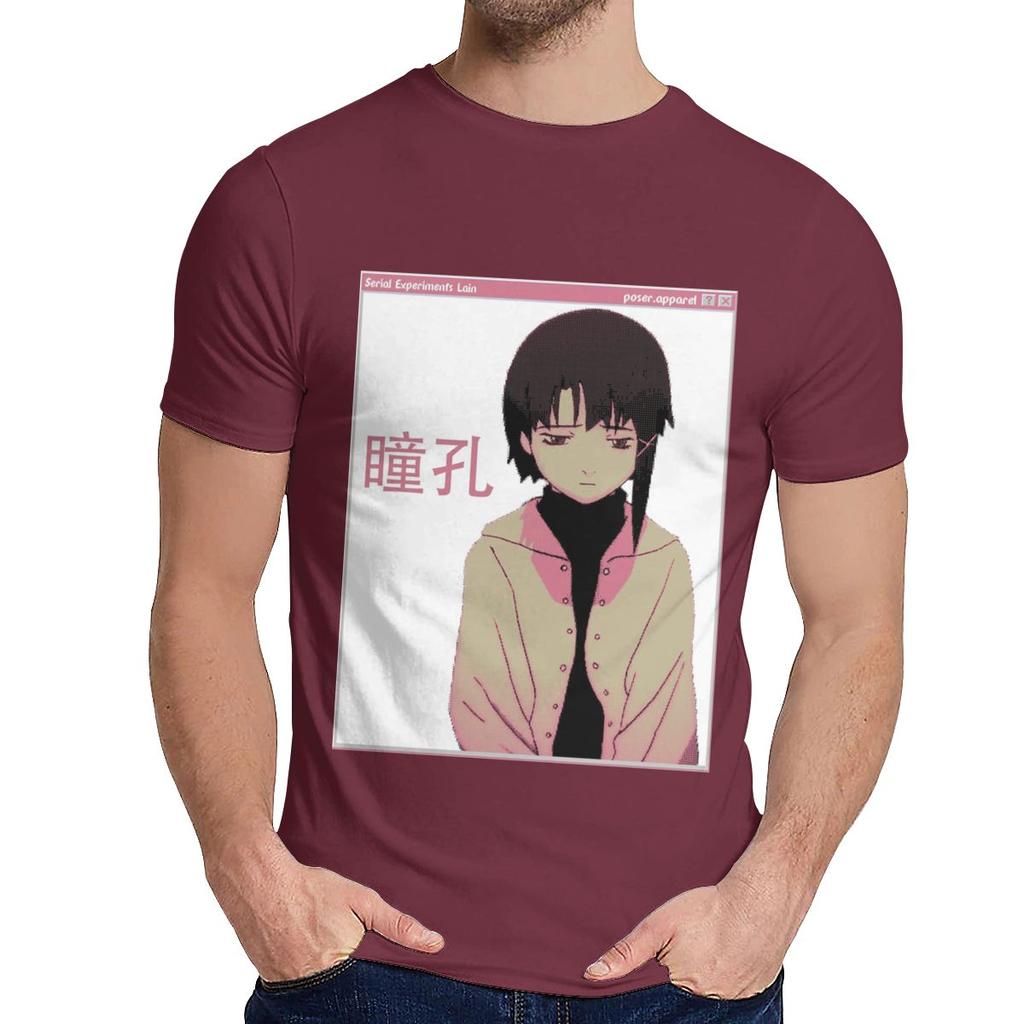 Round Collar Serial Experiments Lain Sad Japanese Anime Aesthetic T Shirt Casual For Male Slim Top