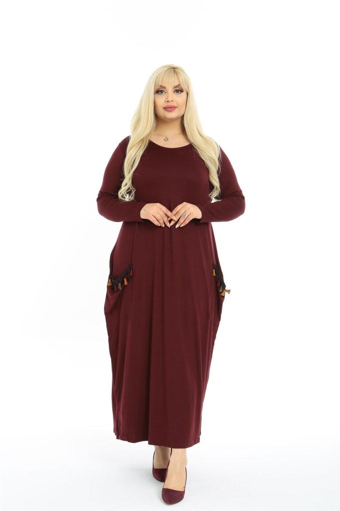 Rochie de damă mărime mare cu mânecă lungă etnic buzunar detaliat (Potrivit pentru hijab) Rochie casual din țesătură din bumbac pieptănat din viscoză