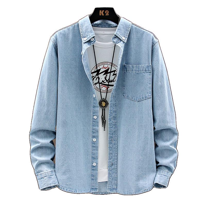 Cămașă Casual Clasică cu Mânecă Lungă din Denim pentru Bărbați - Culoare Solidă, Versatilă pentru Primăvară și Toamnă
